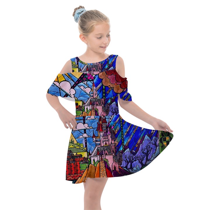 Beauty Stained Glass Castle Building Kids  Shoulder Cutout Chiffon Dress