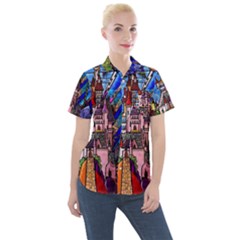 Beauty Stained Glass Castle Building Women s Short Sleeve Pocket Shirt