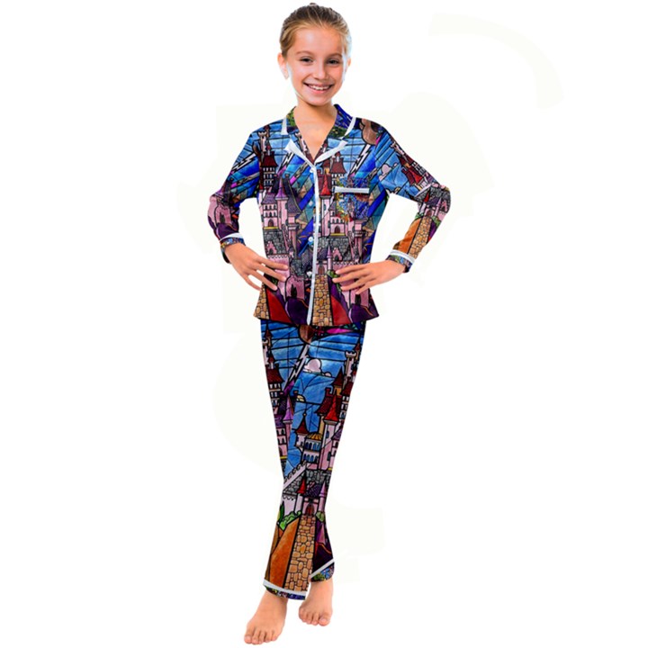 Beauty Stained Glass Castle Building Kids  Satin Long Sleeve Pajamas Set