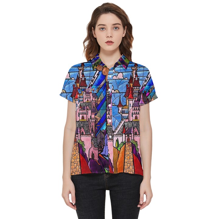 Beauty Stained Glass Castle Building Short Sleeve Pocket Shirt