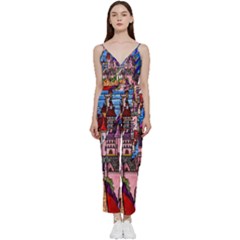 Beauty Stained Glass Castle Building V-neck Spaghetti Strap Tie Front Jumpsuit by Cowasu