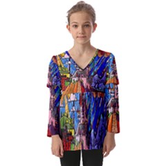 Beauty Stained Glass Castle Building Kids  V Neck Casual Top by Cowasu