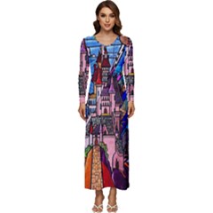 Beauty Stained Glass Castle Building Long Sleeve Longline Maxi Dress by Cowasu