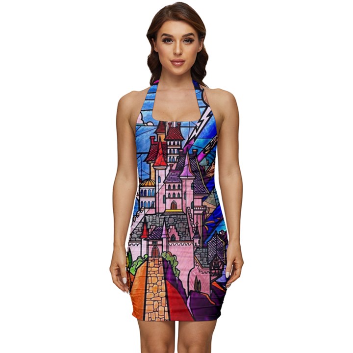 Beauty Stained Glass Castle Building Sleeveless Wide Square Neckline Ruched Bodycon Dress