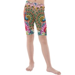 Pink Peacock Bird Pattern Texture Kids  Mid Length Swim Shorts by Cowasu