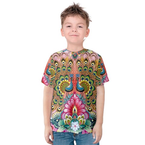 Pink Peacock Bird Pattern Texture Kids  Cotton Tee by Cowasu