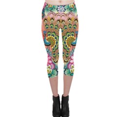 Pink Peacock Bird Pattern Texture Capri Leggings  by Cowasu