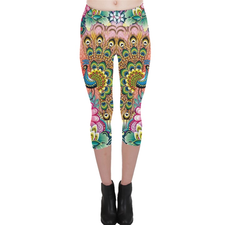 Pink Peacock Bird Pattern Texture Capri Leggings 