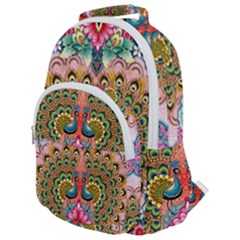 Pink Peacock Bird Pattern Texture Rounded Multi Pocket Backpack by Cowasu