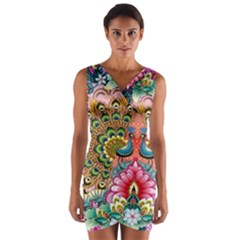 Pink Peacock Bird Pattern Texture Wrap Front Bodycon Dress by Cowasu