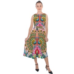 Pink Peacock Bird Pattern Texture Midi Tie-back Chiffon Dress