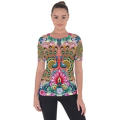 Pink Peacock Bird Pattern Texture Shoulder Cut Out Short Sleeve Top by Cowasu