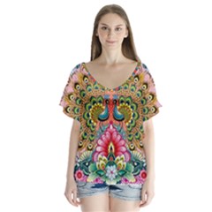 Pink Peacock Bird Pattern Texture V-neck Flutter Sleeve Top by Cowasu