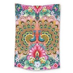 Pink Peacock Bird Pattern Texture Large Tapestry by Cowasu