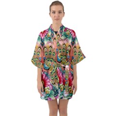 Pink Peacock Bird Pattern Texture Half Sleeve Satin Kimono  by Cowasu