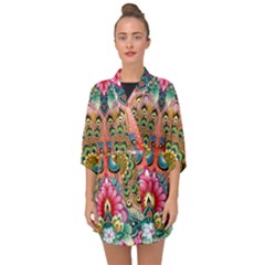 Pink Peacock Bird Pattern Texture Half Sleeve Chiffon Kimono by Cowasu