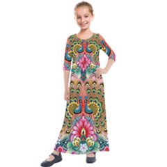 Pink Peacock Bird Pattern Texture Kids  Quarter Sleeve Maxi Dress by Cowasu