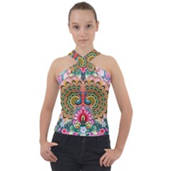 Pink Peacock Bird Pattern Texture Cross Neck Velour Top by Cowasu