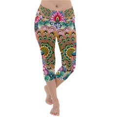 Pink Peacock Bird Pattern Texture Lightweight Velour Capri Yoga Leggings by Cowasu