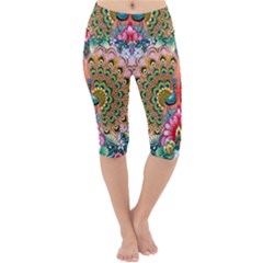 Pink Peacock Bird Pattern Texture Lightweight Velour Cropped Yoga Leggings by Cowasu