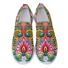 Pink Peacock Bird Pattern Texture Women s Slip On Sneakers by Cowasu