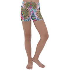 Pink Peacock Bird Pattern Texture Kids  Lightweight Velour Yoga Shorts by Cowasu