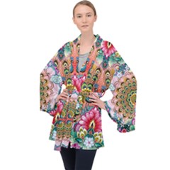 Pink Peacock Bird Pattern Texture Long Sleeve Velvet Kimono  by Cowasu