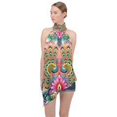 Pink Peacock Bird Pattern Texture Halter Asymmetric Satin Top by Cowasu