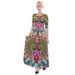 Pink Peacock Bird Pattern Texture Half Sleeves Maxi Dress by Cowasu