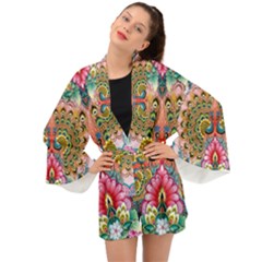 Pink Peacock Bird Pattern Texture Long Sleeve Kimono by Cowasu