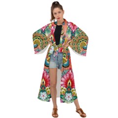 Pink Peacock Bird Pattern Texture Maxi Kimono by Cowasu