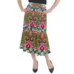 Pink Peacock Bird Pattern Texture Midi Mermaid Skirt by Cowasu