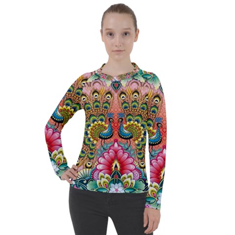 Pink Peacock Bird Pattern Texture Women s Pique Long Sleeve Tee by Cowasu