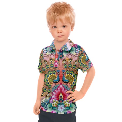 Pink Peacock Bird Pattern Texture Kids  Polo Tee by Cowasu