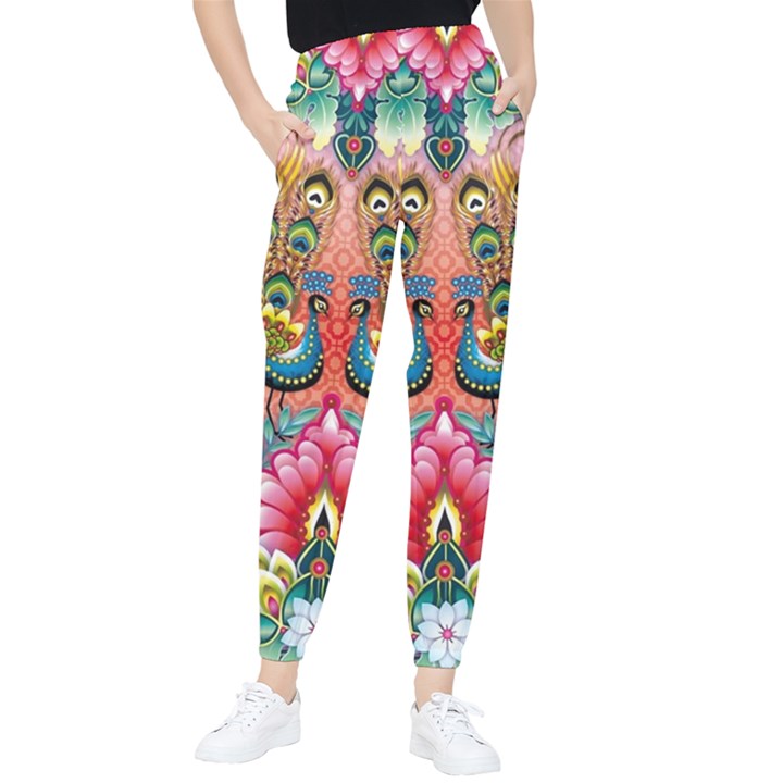 Pink Peacock Bird Pattern Texture Women s Tapered Pants