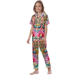 Pink Peacock Bird Pattern Texture Kids  Satin Short Sleeve Pajamas Set by Cowasu