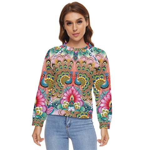 Pink Peacock Bird Pattern Texture Women s Long Sleeve Raglan Tee by Cowasu