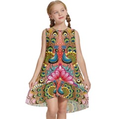 Pink Peacock Bird Pattern Texture Kids  Frill Swing Dress by Cowasu