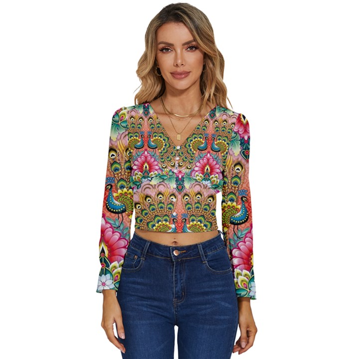 Pink Peacock Bird Pattern Texture Long Sleeve V-Neck Top