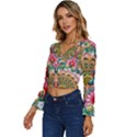 Pink Peacock Bird Pattern Texture Long Sleeve V-Neck Top View2