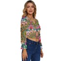 Pink Peacock Bird Pattern Texture Long Sleeve V-Neck Top View3