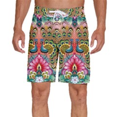 Pink Peacock Bird Pattern Texture Men s Beach Shorts by Cowasu