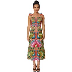 Pink Peacock Bird Pattern Texture Tie-strap Tiered Midi Chiffon Dress by Cowasu