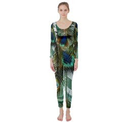 Peacock Feathers Feather Blue Green Long Sleeve Catsuit by Cowasu