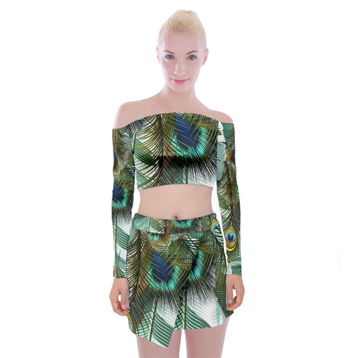 Peacock Feathers Feather Blue Green Off Shoulder Top with Mini Skirt Set