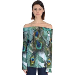 Peacock Feathers Feather Blue Green Off Shoulder Long Sleeve Top by Cowasu