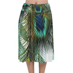 Peacock Feathers Feather Blue Green Velvet Flared Midi Skirt by Cowasu