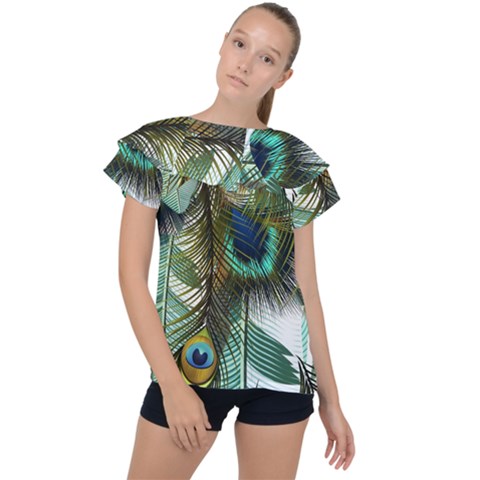 Peacock Feathers Feather Blue Green Ruffle Collar Chiffon Blouse by Cowasu