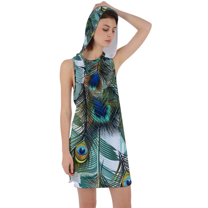 Peacock Feathers Feather Blue Green Racer Back Hoodie Dress