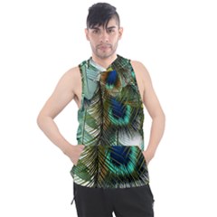 Peacock Feathers Feather Blue Green Men s Sleeveless Hoodie by Cowasu